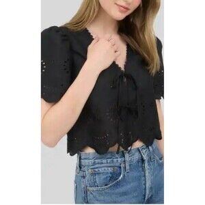 Moon River Anthropologie  Black Puff Sleeve Eyelet Front Tie Top Large